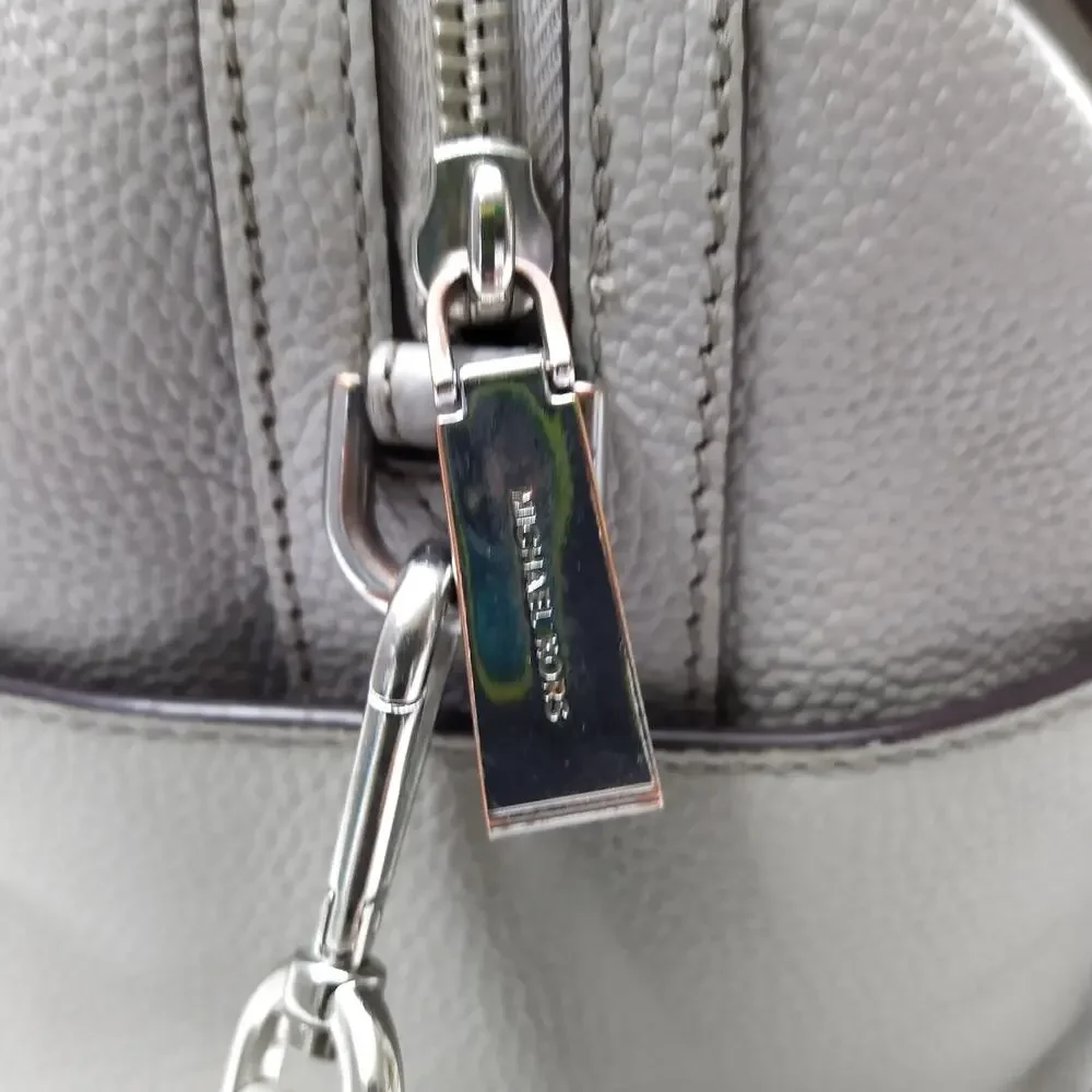 Michael Kors Mercer Gray Pebbled Leather Double Handles Zipper Satchel Bag